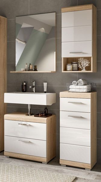 Badmöbel Set Mambo in weiß Hochglanz und Eiche 4-teilig 112 cm