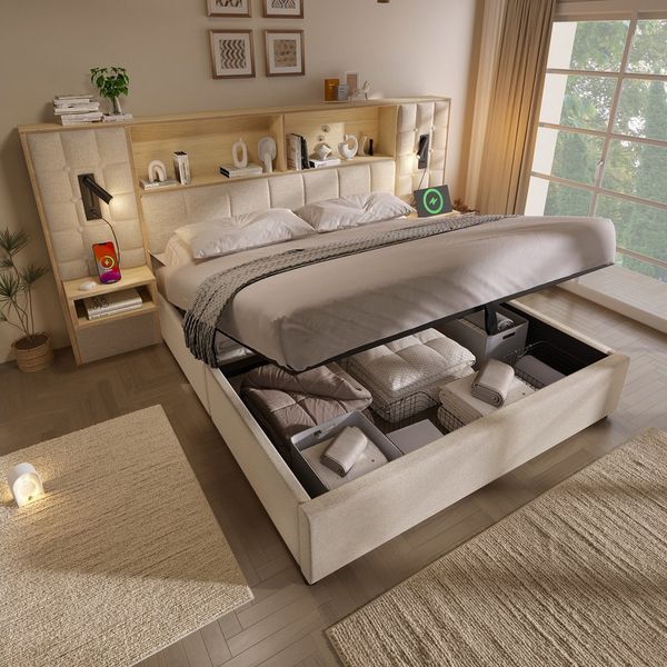 HAUSS SPOLE Polsterbett 180x200 Doppelbett mit Bettkasten,Stauraumbett mit 2 Nachttische,Beige (Jugendbett mit integriertem Stauraumsystem,Funktionbett mit Ablagebereichen im Vintage-Stil), mit USB Type-C Ladeport,Leinenstoff, inkl. Lattenrost
