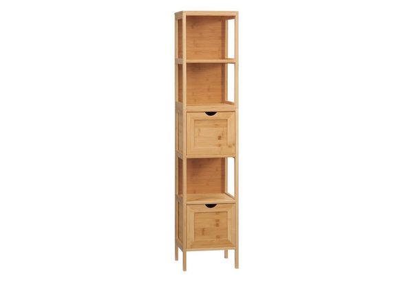 kleankin Badezimmerschrank, Hochschrank aus Bambus, Badschrank mit 3 Regalen und 2 Schubladen, Beistellschrank, Mehrzweckschrank mit Kippschutz, Naturholz, 30 x 30 x 140 cm