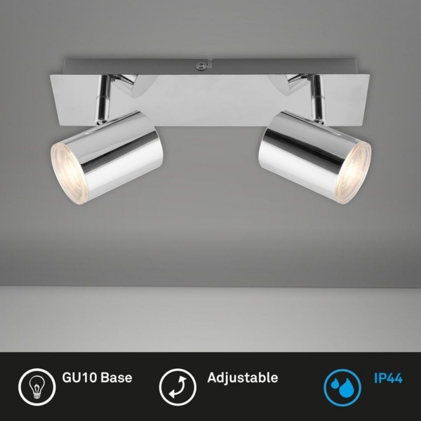 BRILONER Leuchten - Deckenspot, Badleuchte, Badlampe, Deckenleuchte, Strahler dreh- und schwenkbar, 2x LED/GU10, IP44, Chrom, 290 x 99 x 112 mm (LxBxH), 2731-028, Silber