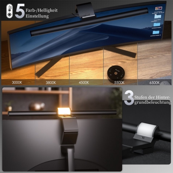 Elegear LED Schreibtischlampe 24W LED Doppelkopf Schwanenhals-Schreibtischlampe mit Klemmarm, Dimmbar, LED fest integriert, 3000K~6500K, Hintergrundbeleuchtung für Curved Monitore – Ideal für PC & Büro Bild 3