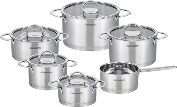 Hanseatic Topf-Set hanseatic, Edelstahl 18/10 (Set, 11-tlg, Fleischtopf 16/20/24 cm, Bratentopf 16/20 cm, Stielkasserolle 16 cm), handfreundliche Kaltmetallgriffe, Literskala, Glasdeckel, Induktion