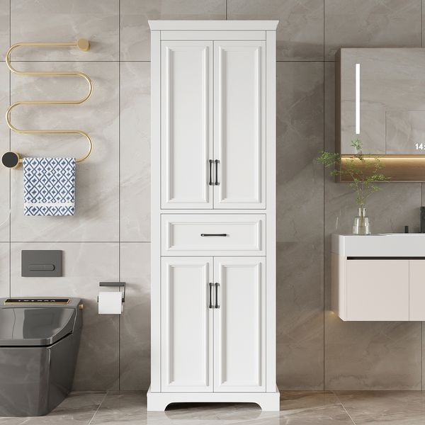 Flieks Mehrzweck-Hochschrank 60 x 40 x 180 cm, Badschrank mit Doppeltüren, Schublade & verstellbaren Einlegeböden, Weiß