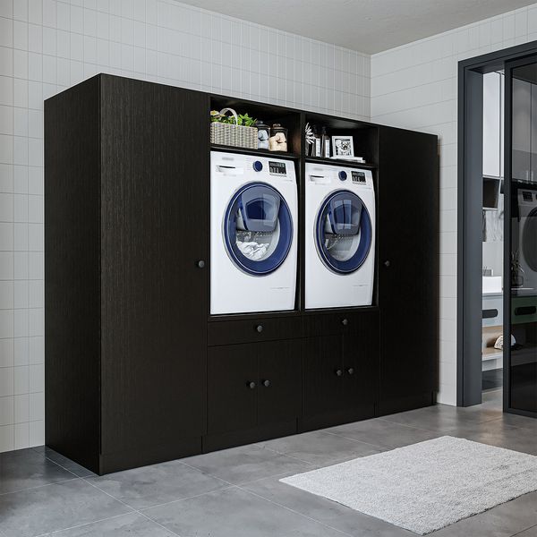 Roomart Schrankwand für Waschküche & Hauswirtschaftsraum - SERIE 1 - 254 cm breit – Waschmaschinen-Umbau & Stauraumschrank mit Ausziehbrett • Schwarz-Eiche