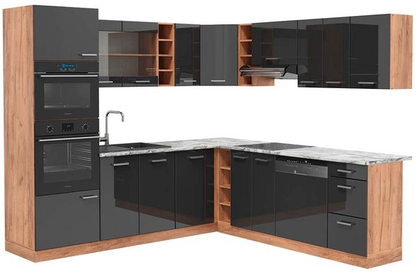 Eckküche R-Line Anthrazit Hochglanz/Goldkraft Eiche 247 x 60 cm , AP Marmor Vicco