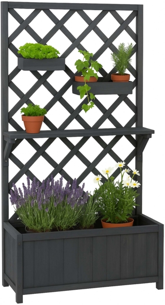 Hochbeet HWC-P68, Pflanz-/Blumenkasten Rankgitter Rankhilfe Ablage Hängekästen Holz FSC® 135x70x30cm ~ anthrazit-grau