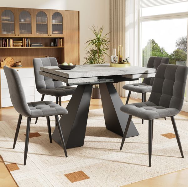 Ausziehbares Esstisch-Set 99-159x74x77 cm mit 4 Samtstühlen – Tisch aus MDF und Metall