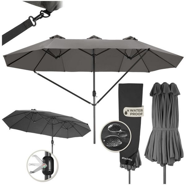 tectake Sonnenschirm Standschirm mit drei Winddächern, UV-Schutz 50+, 460x270 cm, Balkonschirm Silia, für Außen in Grau, stufenlos höhenverstellbar, Inkl. Windsicherung und Schutzhülle