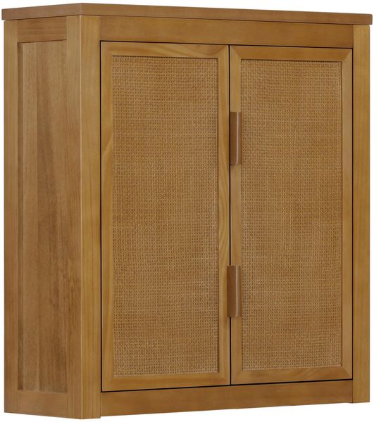 Teamson Home Hatteras Wandschrank 56 cm aus Holz mit 2 Rattan Türen, Innenregalen und kompaktem Stauraum für Bad oder Flur, Natur