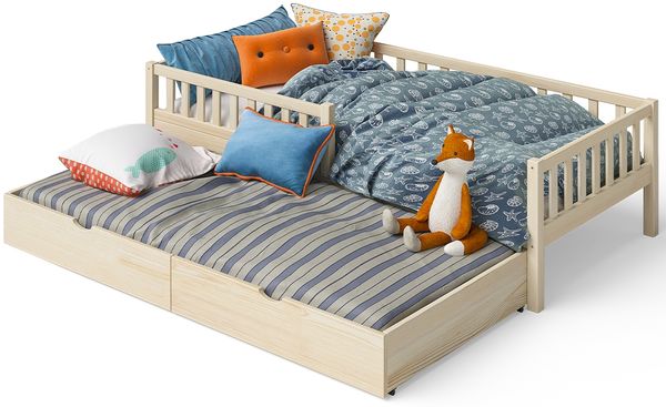 Bellabino 'Vils' Kinderbett 90x200 cm mit Gästebett 90x190 cm, natur, Kiefer Massivholz, Montessori Bett mit Ausziehbett, mit abnehmbarem Rausfallschutz und Lattenrost Bild 11