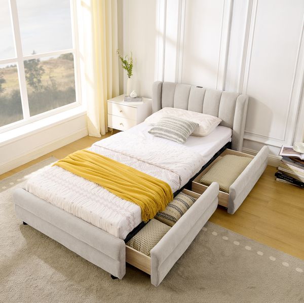Einzelbett 90x200 cm mit 2 Schubladen und USB/Typ-C – Polsterbett aus Chenille in Beige