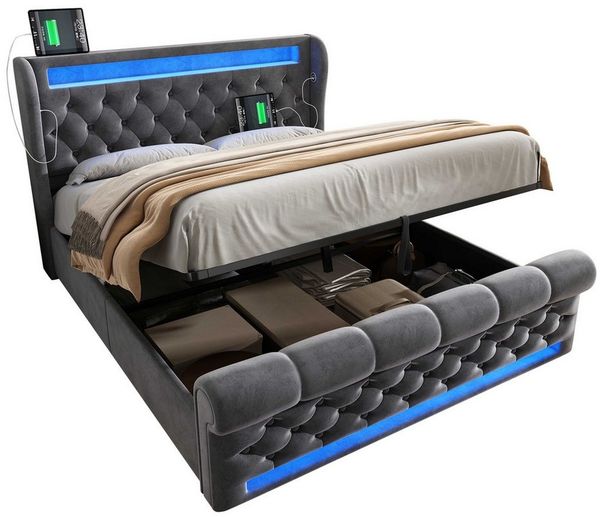 BlingBin Polsterbett Stauraumbett (1-tlg, Funktionsbett mit Lade- und Lichtfunktion für gemütliche Schlafzimmer), mit LED-Beleuchtung, USB- & Type-C-Ladestation und stilvollem Samt
