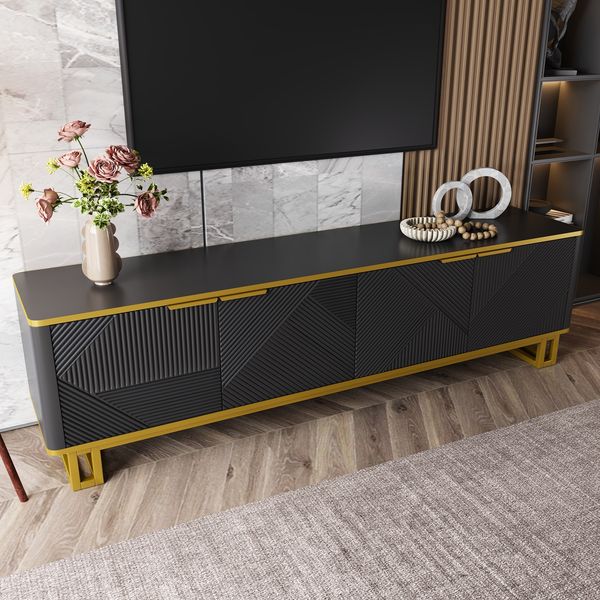 TV-Schrank mit geometrischen 3D-Türen in Weiß und Gold, viel Stauraum, stabilem Metallrahmen und praktischem Kabelmanagement,Schwarz