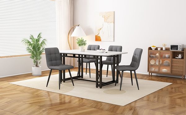 Esstischgruppe H 74 x T 70 x B 120 cm mit MDF-Tischplatte & Metallbeinen in Schwarz/Grau, mit 4 Stühlen