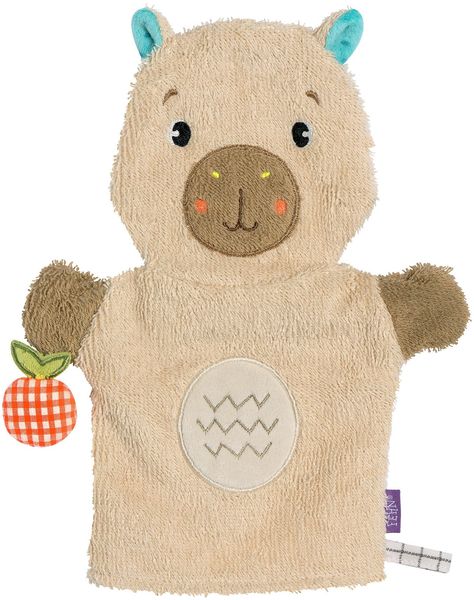 Fehn Waschhandschuh Capybara – Baby Waschlappen mit Tiermotiv für fröhlichen Badespaß – saugstark und kuschelweich – für Babys und Kinder ab 0+ Monaten