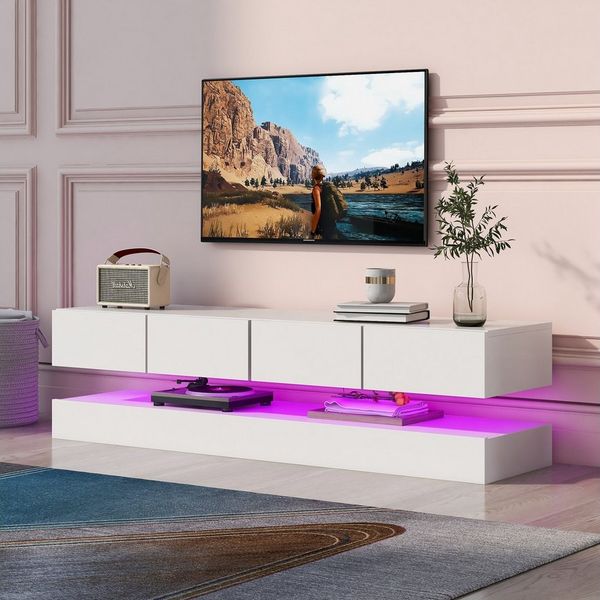 MC Star TV-Schrank LED TV Lowboard,Wandmontierter,TV-Ständer, TV-Möbel mit 2 Schränken (und 4 großen Schubladen, 16-farbige LED-Beleuchtung Wandschrank für bis zu 55 Zoll Fernseher Weiß 130*33*15cm)