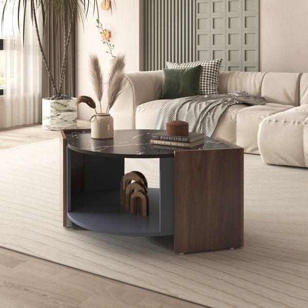 Couchtisch 96,5x63x40 cm, schwarze Marmoroptik & Walnussmaserung, Spanplatte,Schwarz und Holz