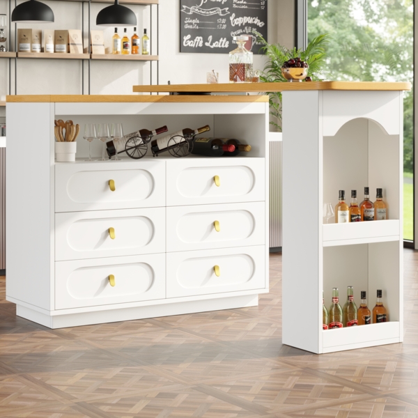 Bartisch ausziehbar mit 360° Drehfunktion, MDF Tischplatte, 6 Schubladen, Stauraumregal,Weiß