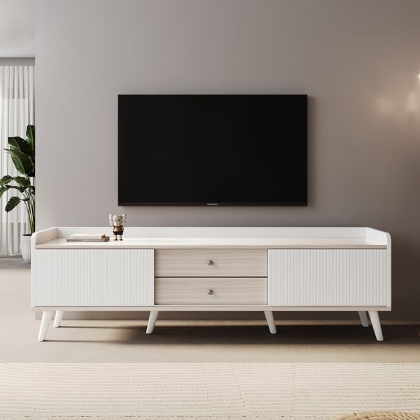 TV-Schrank mit zwei Schubladen, Fernsehtisch TV Board, TV- Lowboard niedrige Platte mit zwei Schiebetüren. Exquisite Textur. Weiß und natürliches Holzfarbe. H58/L160/T40 cm.