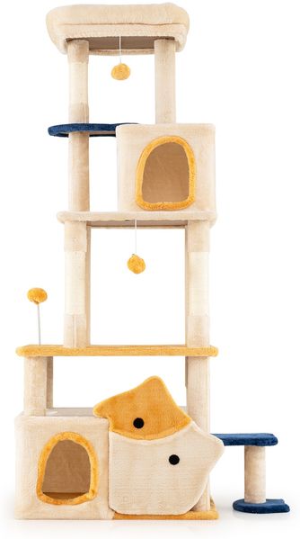 Groß Kratzbaum mit Fisch-Design Holz Katzenbaum Katzenkratzbaum Kletterbaum Beige