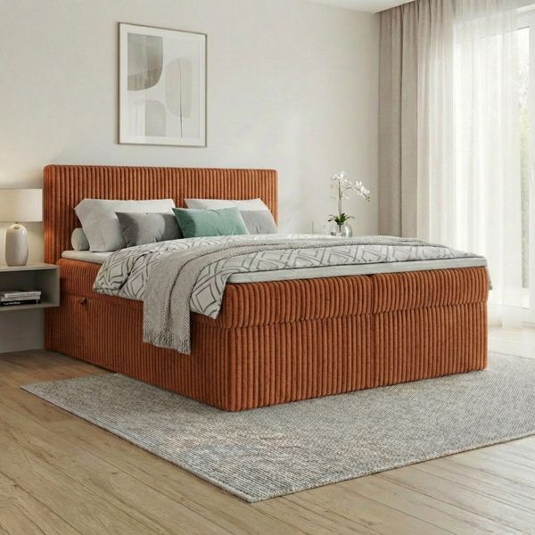 Boxspringbett RALF 160 x 200 cm mit Bettkasten, Topper und gepolstertem Kopfteil. Farbe: Braun, Härtegraden: H2 , Topper: Visco-Topper