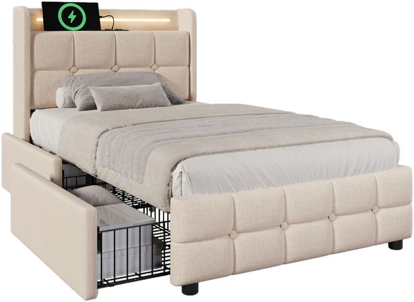 Polsterbett 90x200 cm mit USB-Ladefunktion im Kopfteil, LED-Beleuchtung und 2 Schubladen, inkl. Lattenrost, Beige