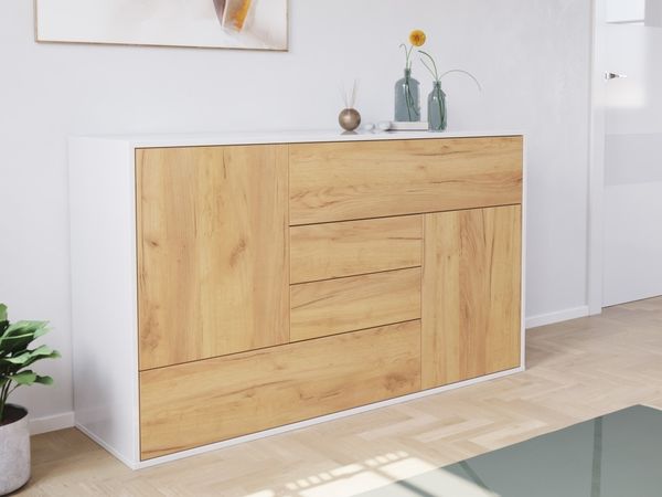 Sideboard stehend Karat A 140cm 2 Türen 4 Pushauszüge Weiß Hgl Eiche : Weiss hochglanz / Eiche Gold