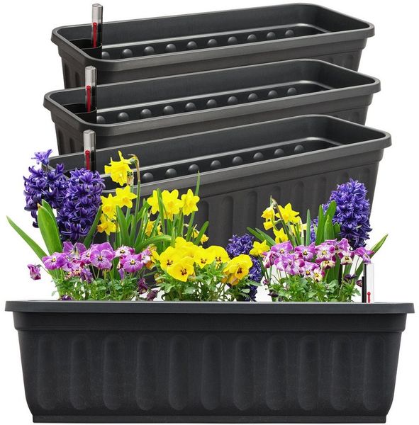 Hausfelder Blumenkasten Balkonkasten mit Wasserstandsanzeiger, Pflanzkasten 4er Set, 60cm (4er Set, 4 St, Jedes Set enthält: Füllstandsanzeiger, Boden, Pflanzkasten), Blumenkästen UV- und witterungsbeständig für innen und außen, matt