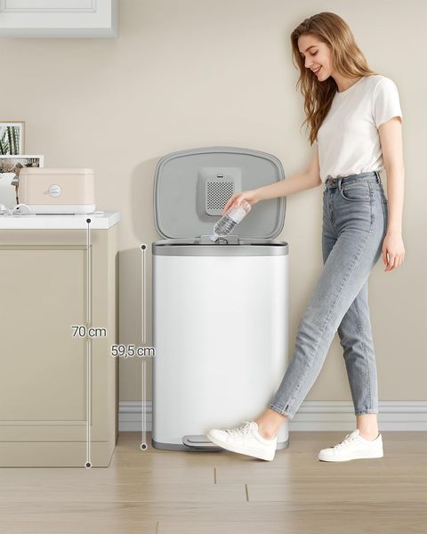 Mülleimer Küche, 50 Liter Abfalleimer mit Tretpedal, Tretmülleimer mit Softclose-Deckel und Inneneimer, Küchenmülleimer mit 15 Müllbeuteln, Stahl, Weiß