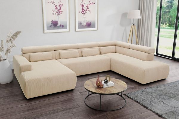 DOMO collection Wohnlandschaft Brandon, whlw. mit Sitztiefenverstellung, whlw. Nierenkissen, mit Sitztiefenverstellung, Cord, creme