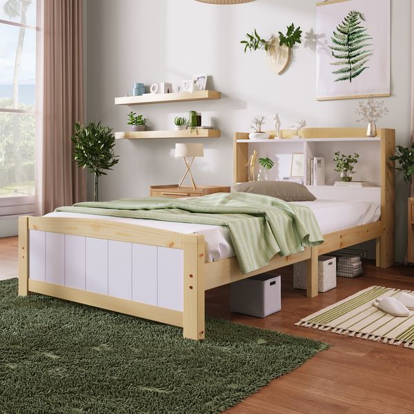 Einzelbett Massivholz mit Stauraum-Kopfteil & Lattenrost, 90x200 cm, Weiß/Natur, ohne Matratze