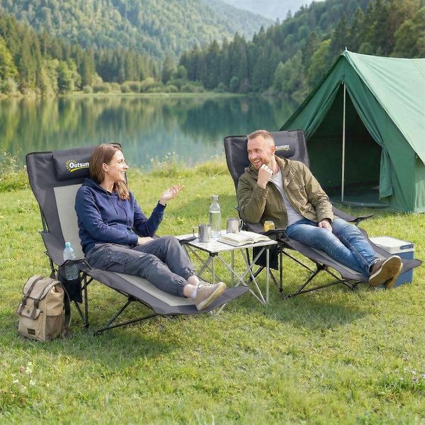 Outsunny Klappstuhl faltbar Angelstuhl mit verstellbarer Rückenlehne Fußablage Kopfstütze (Campingstuhl, 2 St), Liegestuhl bis 120 kg für Erwachsene Dunkelgrau