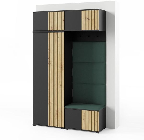 Garderoben-Set Rosario Version 3 mit Lamellen, Kleiderschrank mit Polsterplatten und Schuhschrank (Schwarz / Eiche Artisan, Trinity 28), 225 x 40 x 140 cm