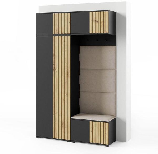 Garderoben-Set Rosario Version 3 mit Lamellen, Kleiderschrank mit Polsterplatten und Schuhschrank (Schwarz / Eiche Artisan, Trinity 02), 225 x 40 x 140 cm