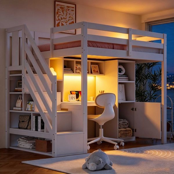 BlingBin Hochbett Holzbett Kinderbett (1-St, mit Stauraum, Schreibtisch, Regalen, LED-Beleuchtung) EU-Standard-Steckdosen sowie hohen Sicherheitsgittern,90x200 cm