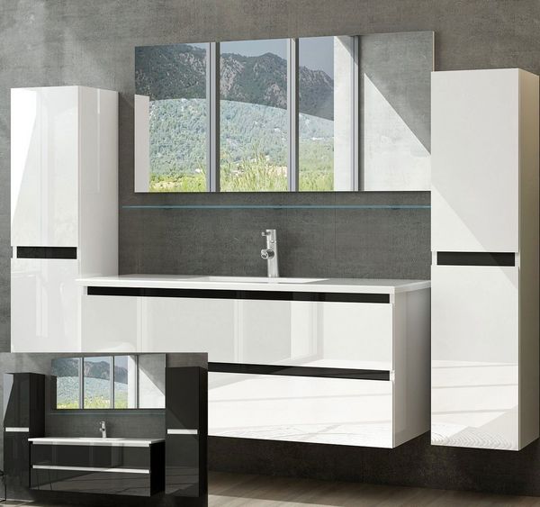 Homeline Badmöbel-Set Deniz und Marcel New in 3 Größen Hochglanz Badmöbel, (Komplettes Badmöbel Set, 6-St, Badmöbel Weiß Hochglanz bis 6 Teilig Badezimmermöbel), Hochglanz Optik Mit 2 Schubladen