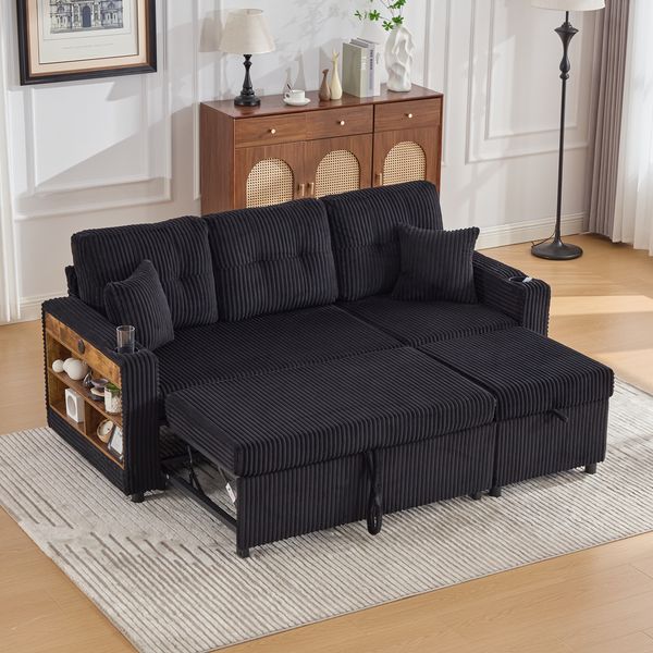 Mehrfunktionales Sofa, Stauraum und Ausziehbett, USB-C, Ambientebeleuchtung, Getränkehalter und breite Armlehnen, Cordbezug