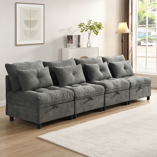 Sofa 4‑Sitzer modular mit variabler Sitzfläche, verstecktem Stauraum und Schlaffunktion, Chenille, Antique Gray,274*76*87 cm