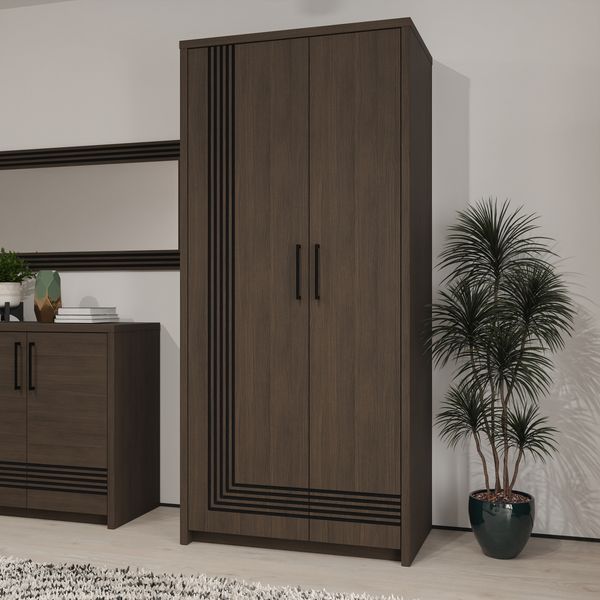 Forte EUFEMIUS Kleiderschrank 90 95, moderner Schrank mit dekorativer Fräsung, Dunkelbraun|Schwarz Eiche Holzdekor, 91,5 cm breit x 198,3 cm hoch x 52,7 cm tief