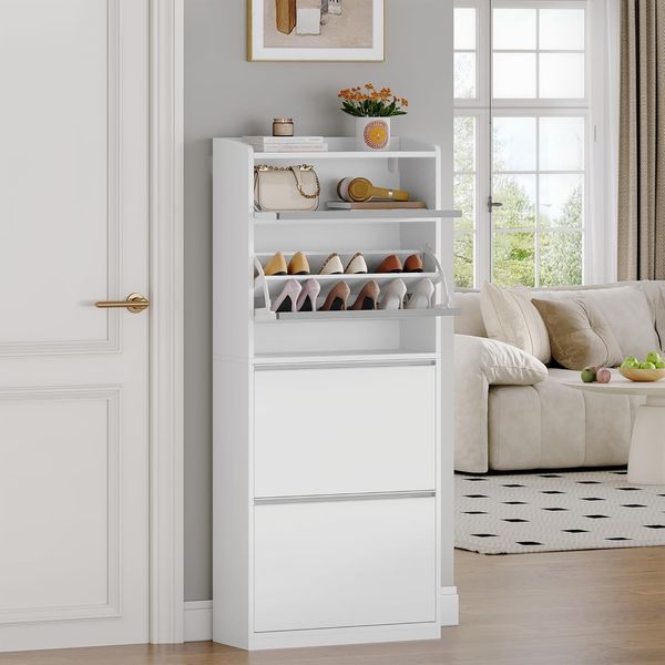 Schuhschrank Schmal mit 3 Klapptüren, Schuhkipper, Schmaler Schuhkommode mit 1 Dropdown Speicher, für 12-18 Paar Schuhe, Verstellbare Einlegeböden, für Flure, Eingang, 60 x 24 x 145 cm, Weiß
