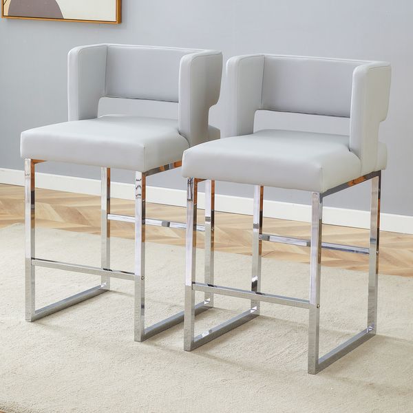 Barstuhl H 91.4 x T 48 x B 53.3 cm aus PU-Leder und Metall, hellgrau/silber, 2er-Set