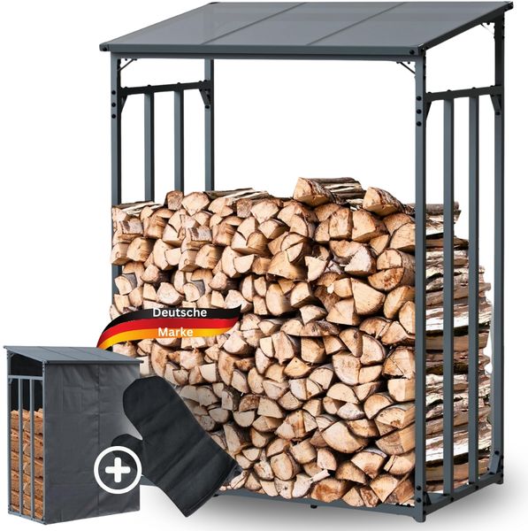Kaminholzregal Außen mit Dach ELOS - 130x70x185cm | Metallrahmen, Inkl. Ofenhandschuh | Brennholzregal außen Brennholzunterstand Kaminholzunterstand Holzlager