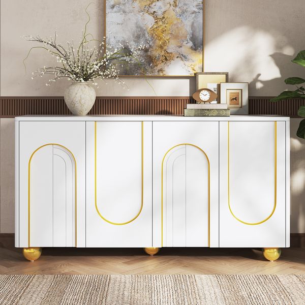 Merax Wohnzimmerschrank, Viertüriges Sideboard, Esszimmer Staurschrank mit Bogen-Goldlinien-Dekor, mit kugelförmigen Metallfüßen, Weiß