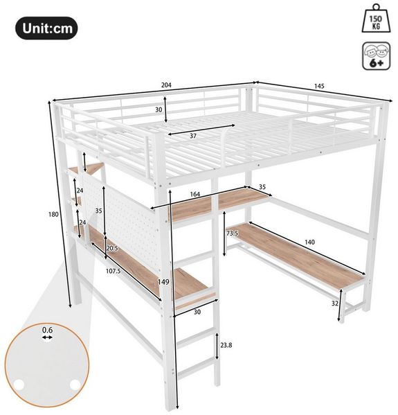 Ulife Hochbett Kinderbett Jugendbett, Schreibtisch, Geländer, mehrere Ablagen (Ohne Matratze) mit USB+Type-C Steckdose, LED Leiste, Lochbrett