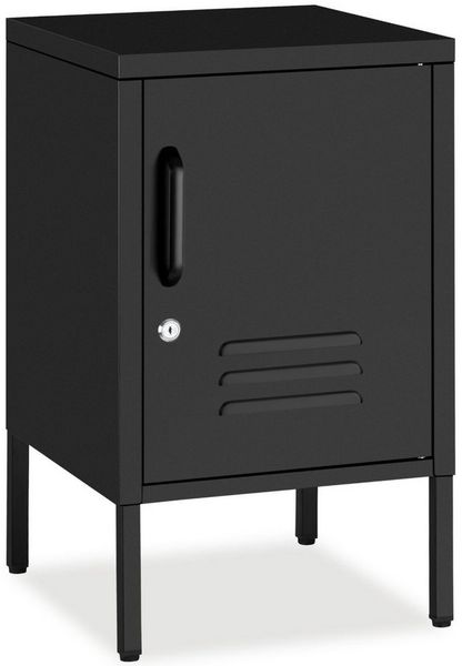 tectake Nachttisch Schmaler Nachtschrank mit Magnetverschluss und verstellbarem Boden (Nachtschrank Baker, 1-St, in Schwarz), Pulverbeschichteter Stahl und Kabelführung für optimale Nutzung