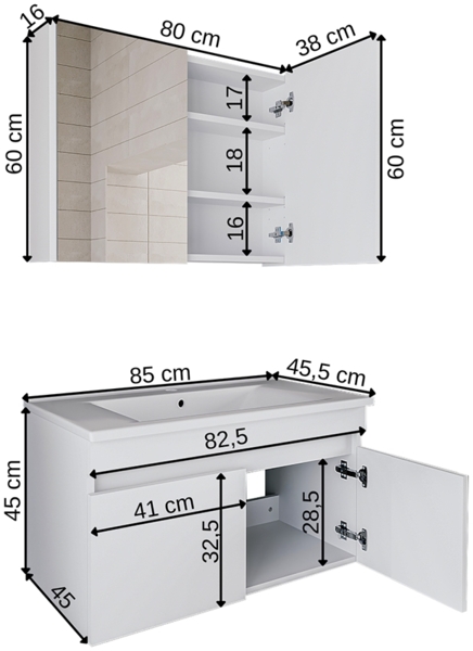 Roomart Badmöbel Set ATRIA 3 Teilig, in 4 Farben, 85 cm Unterschrank mit Keramikwaschbecken • Spiegelschrank Bild 8
