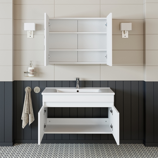 Roomart Badmöbel Set ATRIA 3 Teilig, in 4 Farben, 85 cm Unterschrank mit Keramikwaschbecken • Spiegelschrank Bild 6