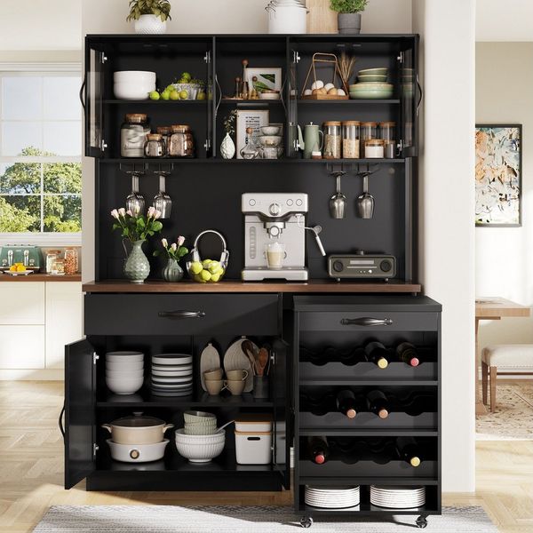 STILVORA Highboard 140cm Küchenschrank mit Rollwagen Buffetschrank mit LED (Küchenschrank mit Rollwagen & LED, MDF+Glas, mit 4 Glastüren, Schublade, Weinregal & USB, bis 60 kg), mobil, LED dimmbar, mit USB, (Küche & Bar), großer Stauraum