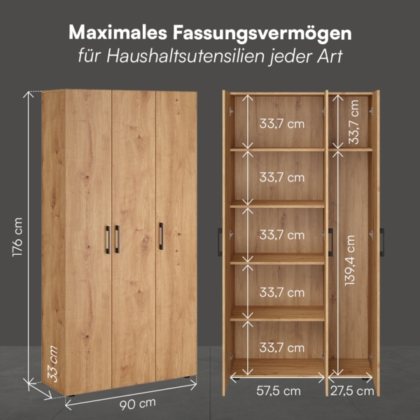 Bellamio 'Apol' Mehrzweckschrank, Eichenoptik, 176x33x90 cm, Putzschrank mit 3 Türen und 5 Regalen, Besenschrank mit Staubsaugerfach Bild 6