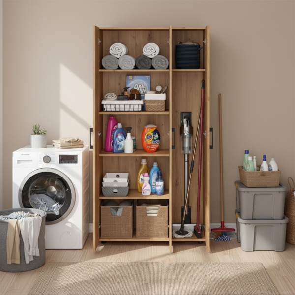 Bellamio 'Apol' Mehrzweckschrank, Eichenoptik, 176x33x90 cm, Putzschrank mit 3 Türen und 5 Regalen, Besenschrank mit Staubsaugerfach Bild 7